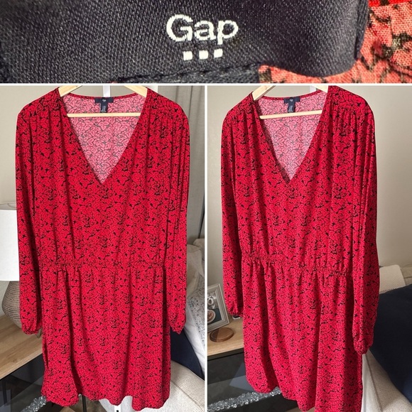 GAP Dresses & Skirts - Gap Women’s Dress XXL Red/black Cottage Floral Elastic Waist Puff Sleeve V Neck